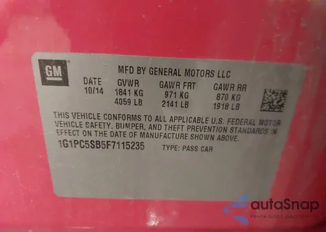 2015 Chevrolet Cruze 1Lt Auto from USA, damaged, VIN 1G1PC5SB5F7115235